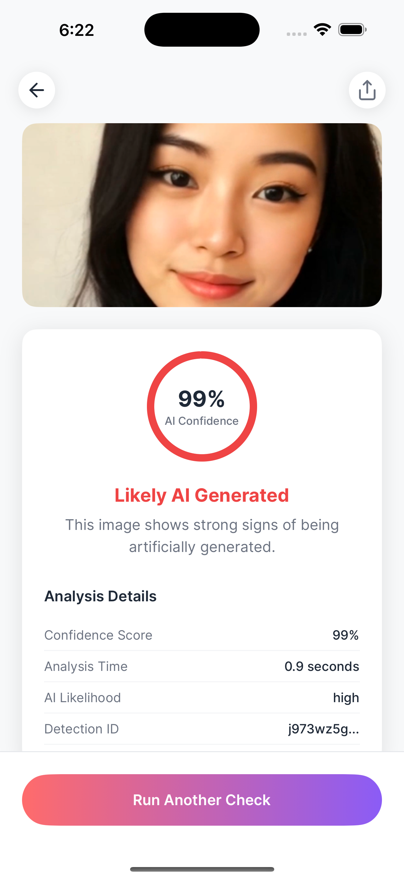 AI Detector iPhone app result screen with AI image confidence score