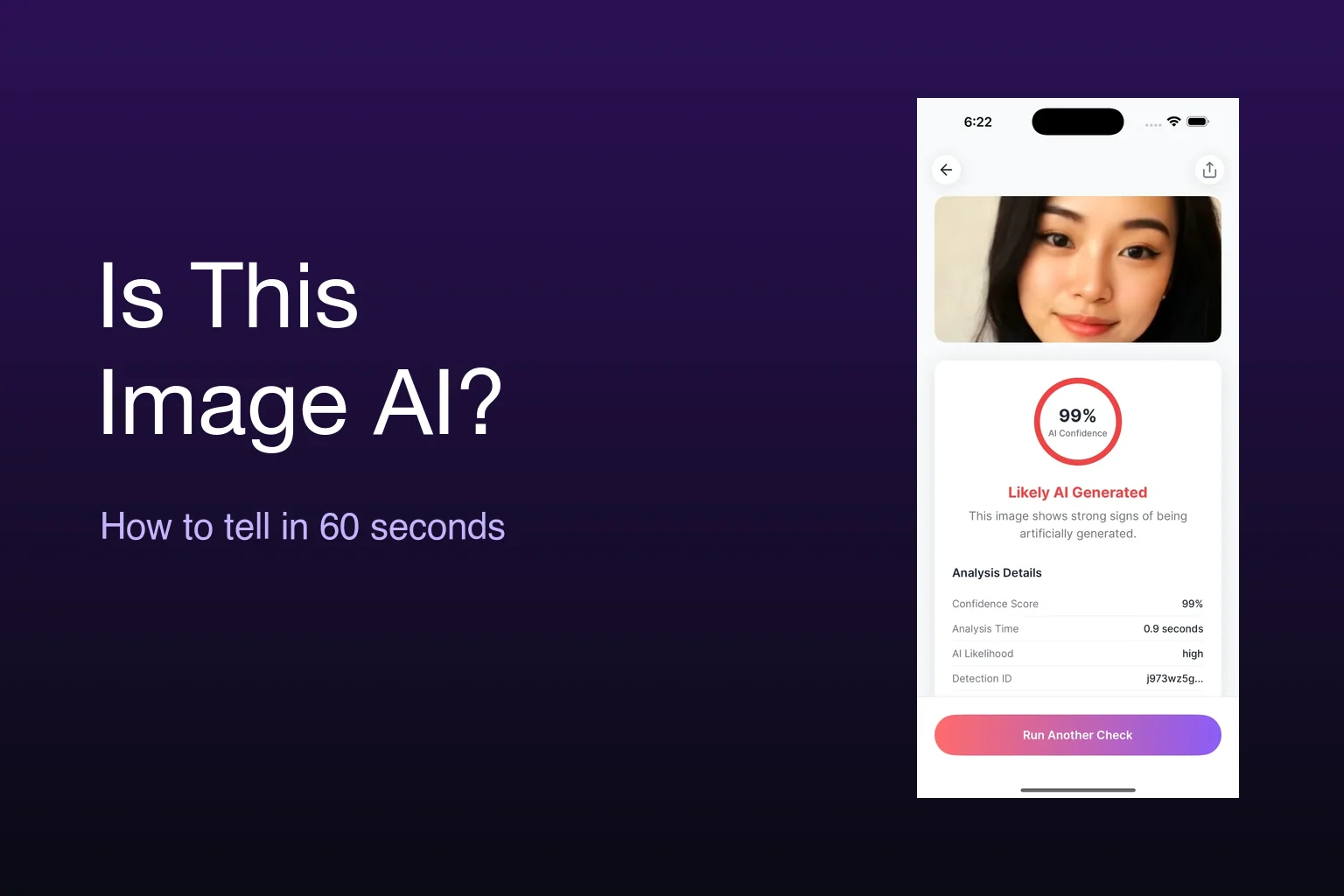 A portrait next to an AI detector result showing a high AI confidence score